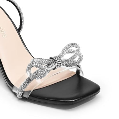 Crystal Bow Ankle Strap Square Toe Heel Sandals