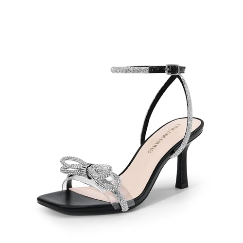 Crystal Bow Ankle Strap Square Toe Heel Sandals