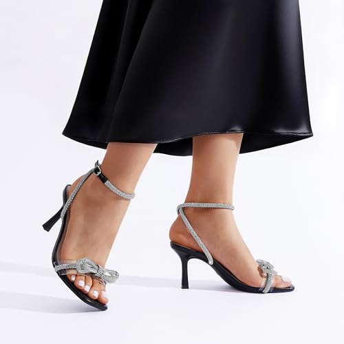 Crystal Bow Ankle Strap Square Toe Heel Sandals