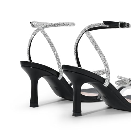 Crystal Bow Ankle Strap Square Toe Heel Sandals