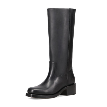 Waterproof Tall Leather Boots with Chunky Heel