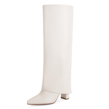 Fold Over Knee High Boots with Chunky Heels