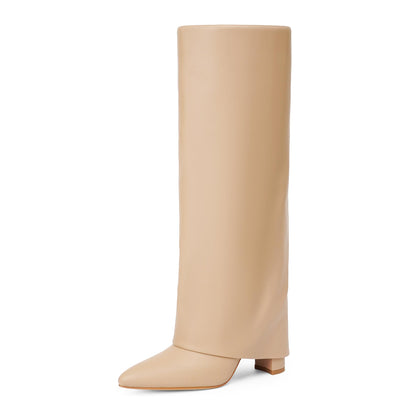 Fold Over Knee High Boots with Chunky Heels