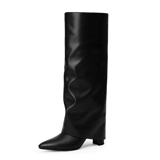 Fold Over Knee High Boots with Chunky Heels
