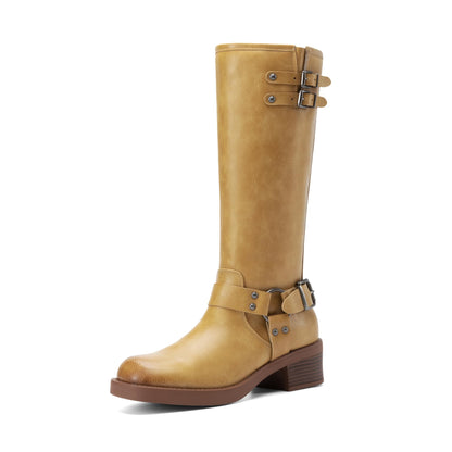 Knee High Combat Boots with Buckle Strap Detail