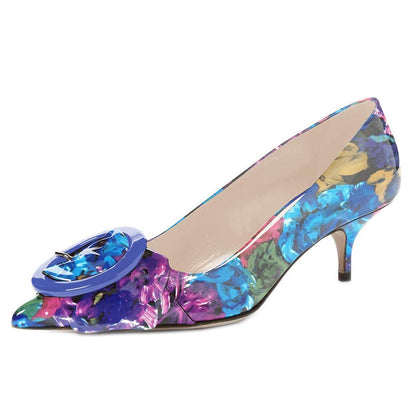 Pointed Toe Kitten Heel Pumps with Buckle Detail
