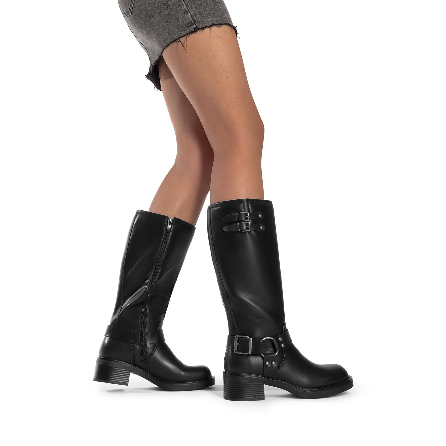 Knee High Combat Boots with Buckle Strap Detail