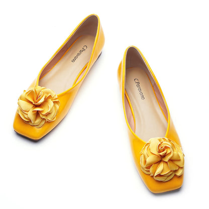 Square Toe Satin Flower Flats