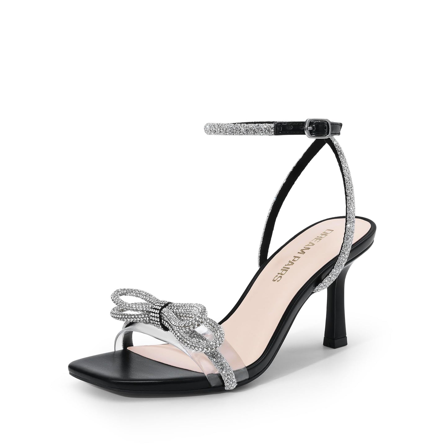 Crystal Bow Ankle Strap Square Toe Heel Sandals