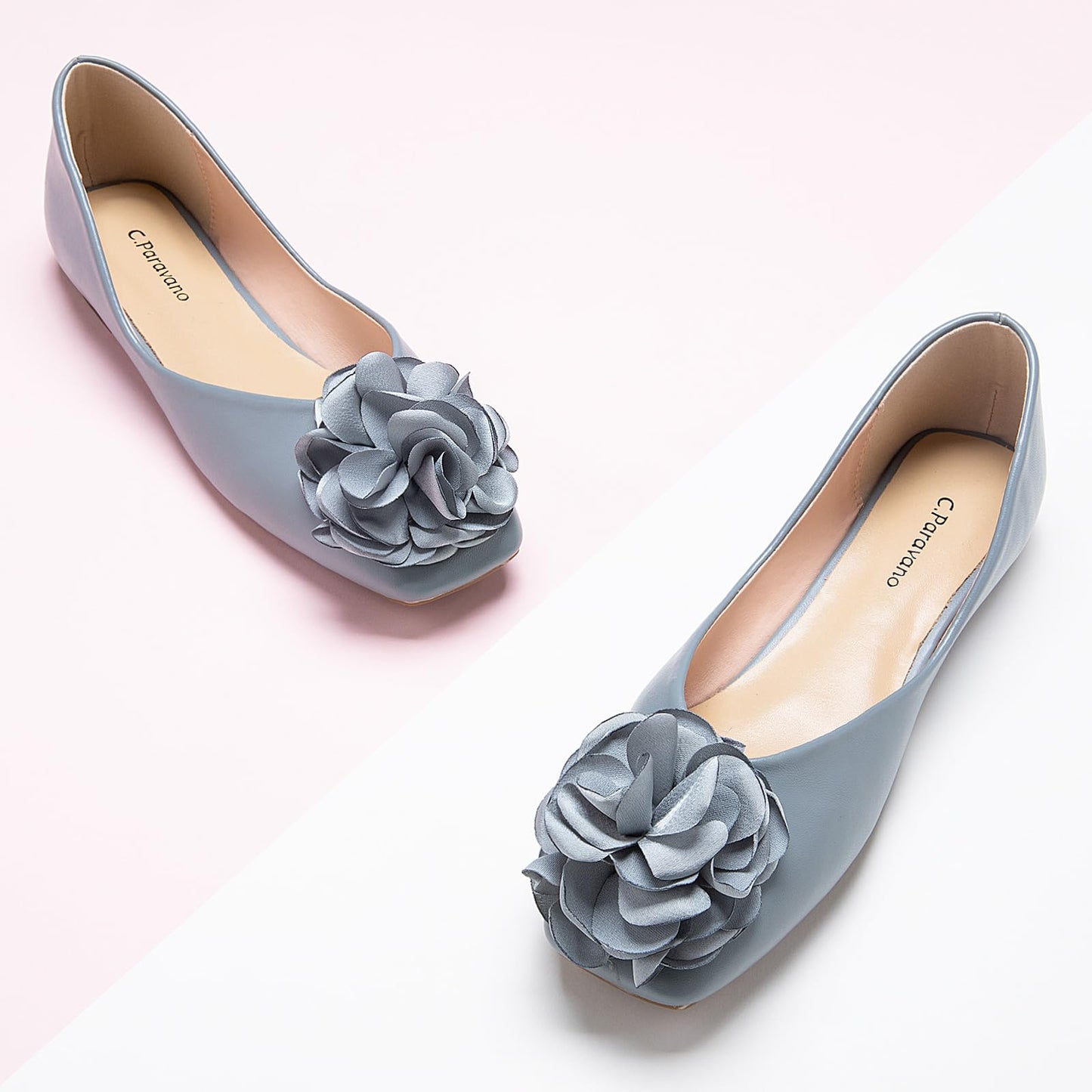 Square Toe Satin Flower Flats