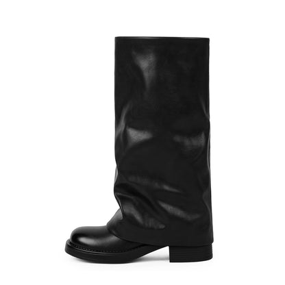 Fold Over Knee High Boots with Chunky Heels