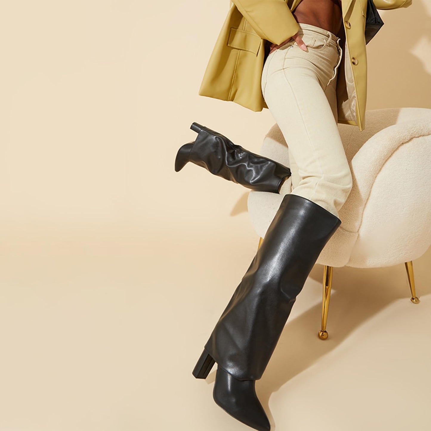 Fold Over Knee High Boots with Chunky Heels