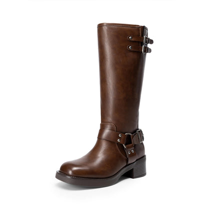 Knee High Combat Boots with Buckle Strap Detail
