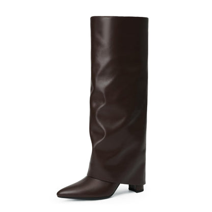 Fold Over Knee High Boots with Chunky Heels