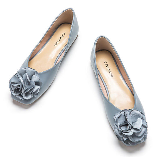 Square Toe Satin Flower Flats