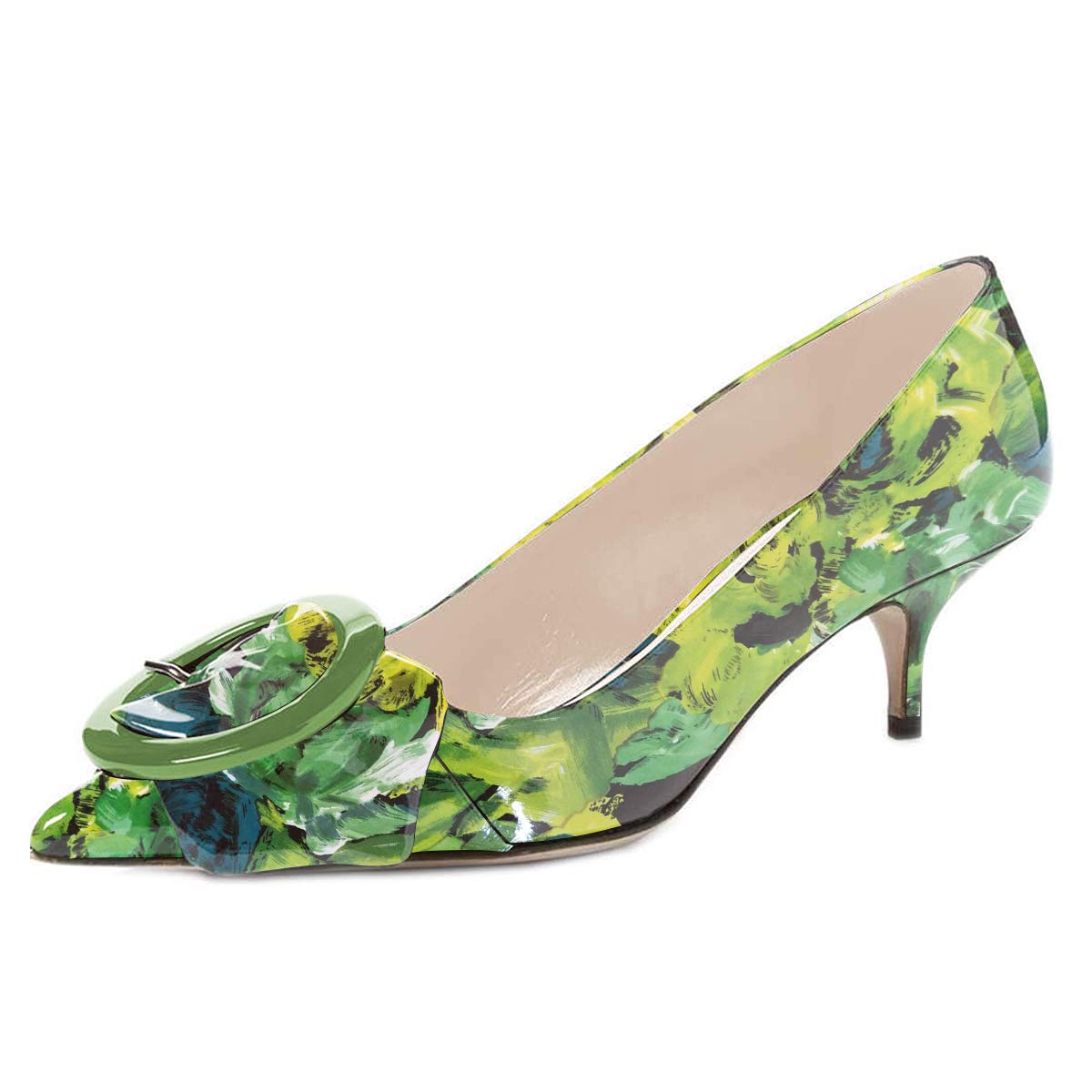 Pointed Toe Kitten Heel Pumps with Buckle Detail