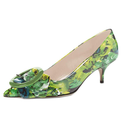 Pointed Toe Kitten Heel Pumps with Buckle Detail