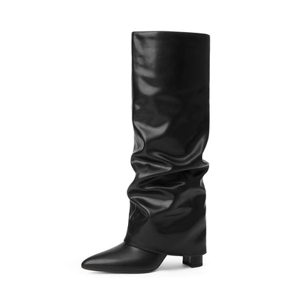 Fold Over Knee High Boots with Chunky Heels