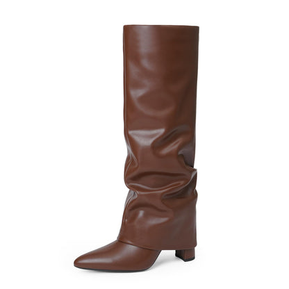 Fold Over Knee High Boots with Chunky Heels