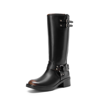 Knee High Combat Boots with Buckle Strap Detail