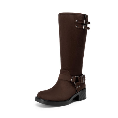 Knee High Combat Boots with Buckle Strap Detail
