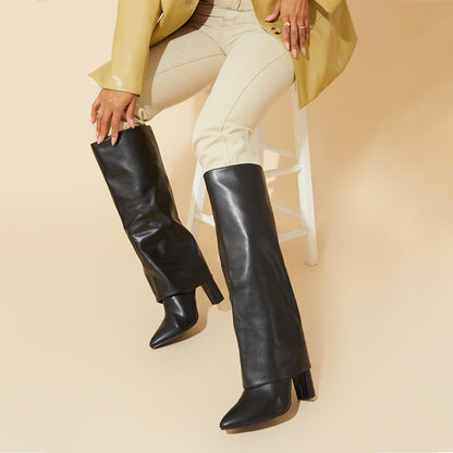 Fold Over Knee High Boots with Chunky Heels
