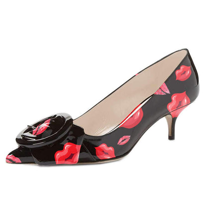 Pointed Toe Kitten Heel Pumps with Buckle Detail