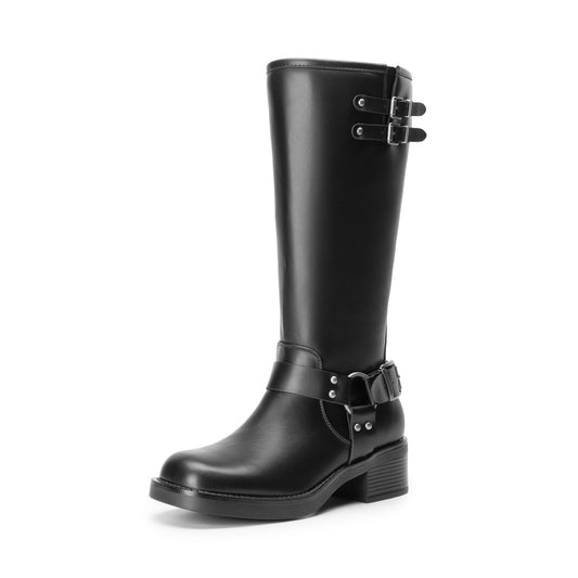 Knee High Combat Boots with Buckle Strap Detail