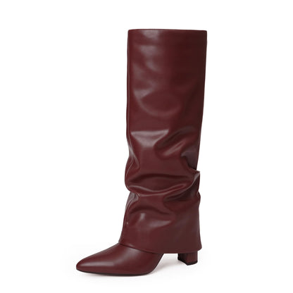 Fold Over Knee High Boots with Chunky Heels