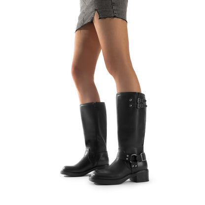 Knee High Combat Boots with Buckle Strap Detail