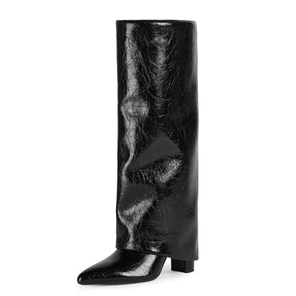 Fold Over Knee High Boots with Chunky Heels