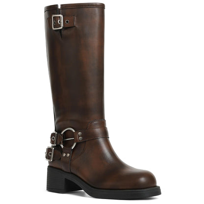 Square Toe Knee High Riding Boots with Buckles