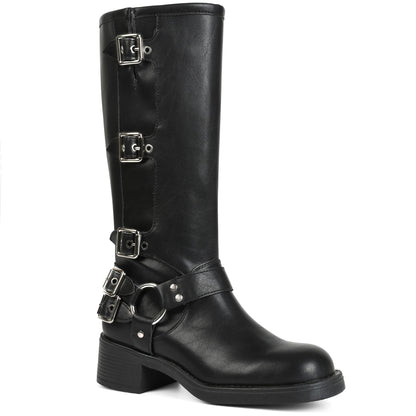 Square Toe Knee High Riding Boots with Buckles