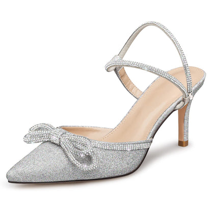 Rhinestone Slingback Kitten Heel Bow Pumps