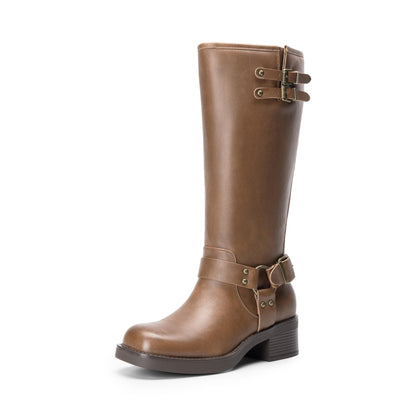 Knee High Combat Boots with Buckle Strap Detail