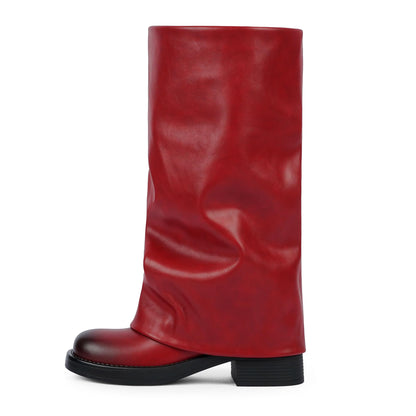 Fold Over Knee High Boots with Chunky Heels