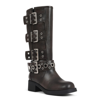 Square Toe Knee High Riding Boots with Buckles