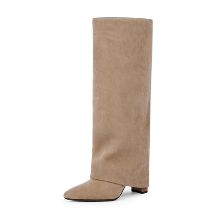 Fold Over Knee High Boots with Chunky Heels