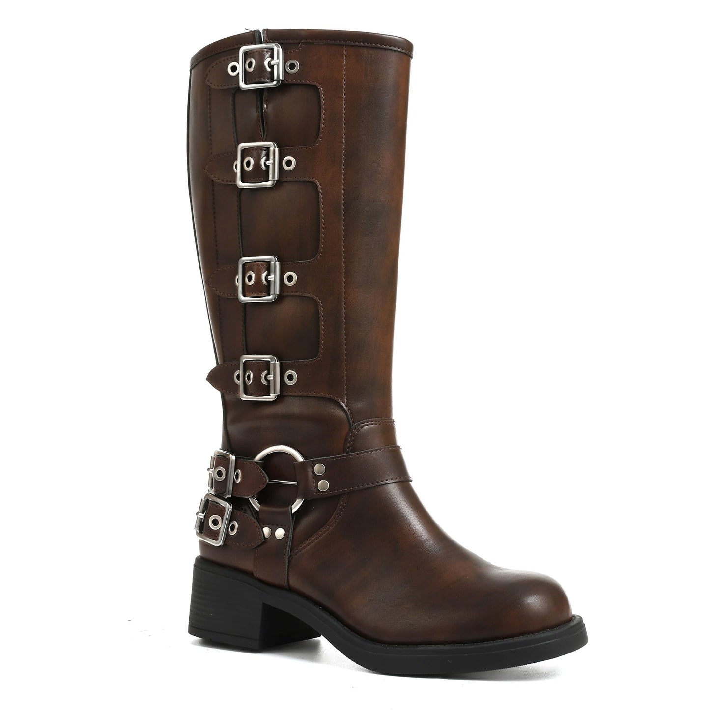 Square Toe Knee High Riding Boots with Buckles