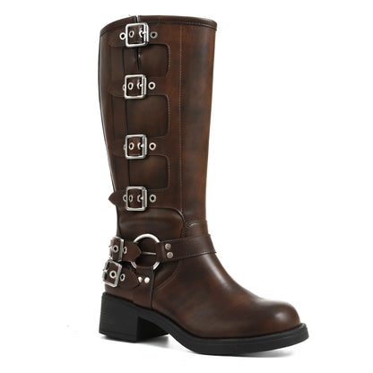 Square Toe Knee High Riding Boots with Buckles