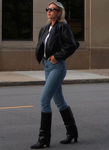 Fold Over Knee High Boots with Chunky Heels
