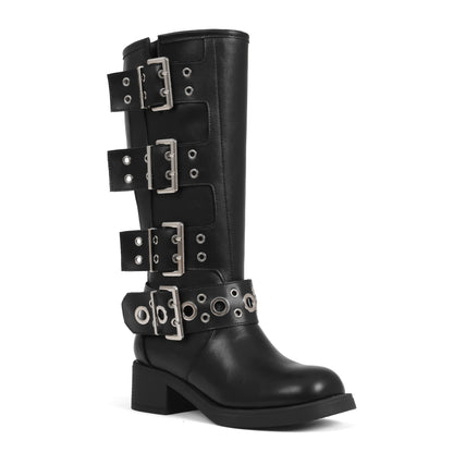 Square Toe Knee High Riding Boots with Buckles