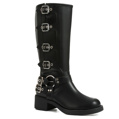Square Toe Knee High Riding Boots with Buckles