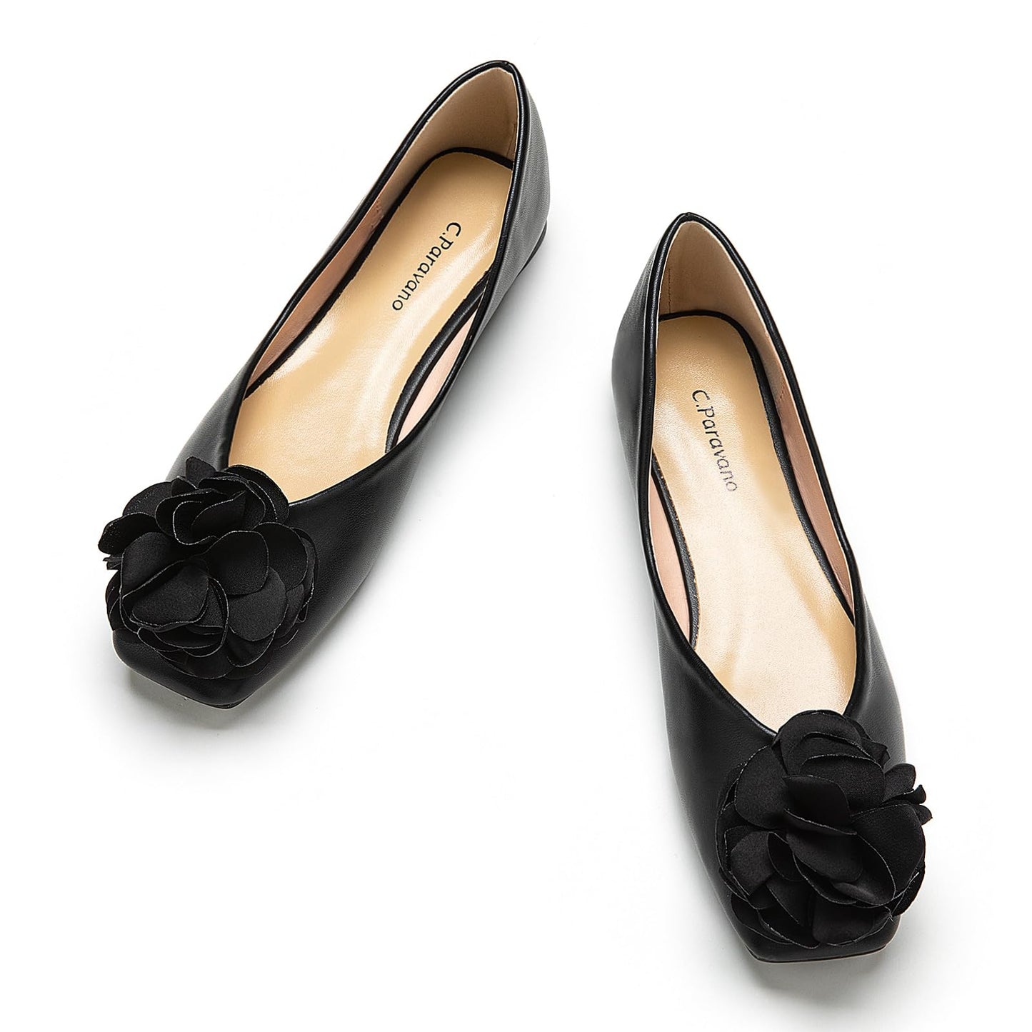 Square Toe Satin Flower Flats
