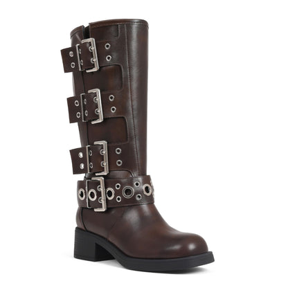 Square Toe Knee High Riding Boots with Buckles