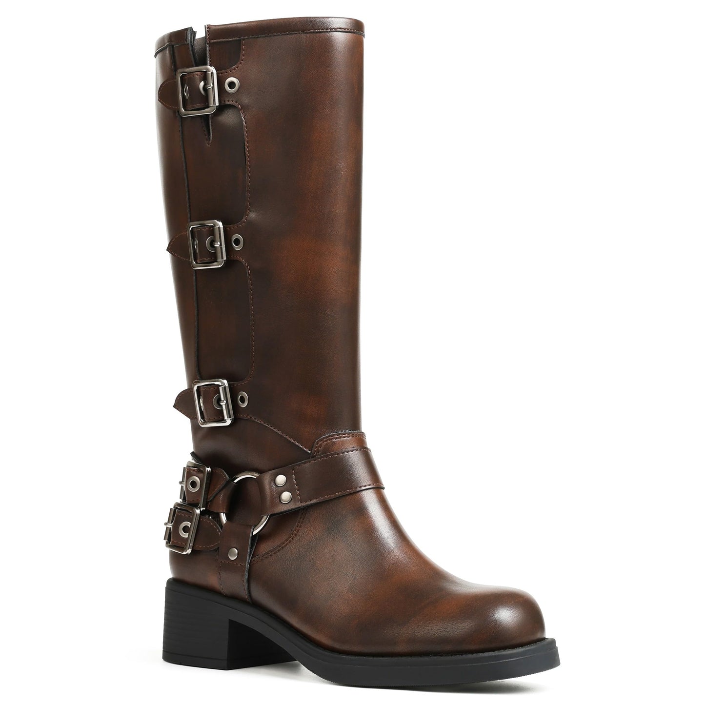 Square Toe Knee High Riding Boots with Buckles