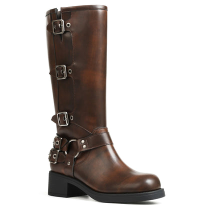 Square Toe Knee High Riding Boots with Buckles