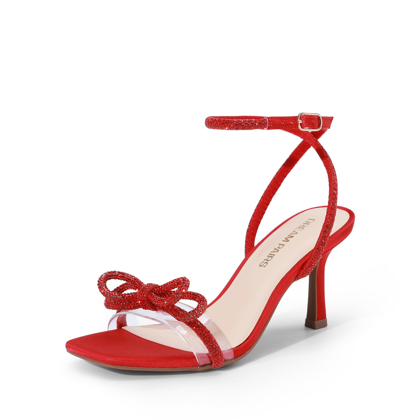 Crystal Bow Ankle Strap Square Toe Heel Sandals