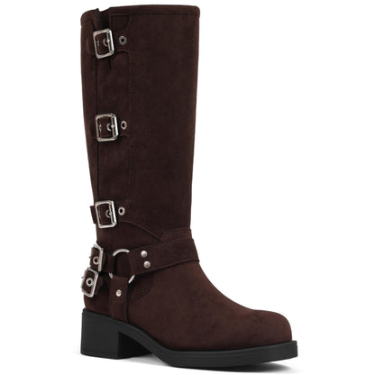 Square Toe Knee High Riding Boots with Buckles