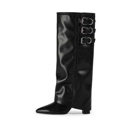 Fold Over Knee High Boots with Chunky Heels